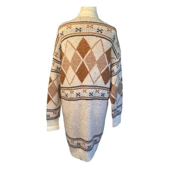 Lulu's Anchorage Long Line Cardigan Sweater Cream Argyle Inspired Print S - Picture 6 of 11